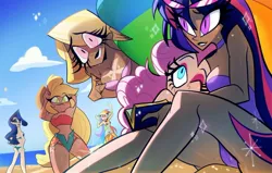 Size: 1236x787 | Tagged: suggestive, artist:entropystar, derpibooru import, applejack, fluttershy, pinkie pie, rainbow dash, rarity, twilight sparkle, human, g4, beach, bikini, blonde, blonde hair, book, breasts, busty applejack, busty fluttershy, butt, cameltoe, clothes, dark skin, hellaverse, humanized, image, jpeg, light skin, mane six, sand, sharp teeth, sky, sunglasses, swimsuit, tan skin, teeth