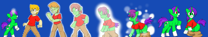 Size: 5328x960 | Tagged: safe, artist:klonoahedgehog, derpibooru import, oc, unofficial characters only, human, pony, unicorn, clothes, coat markings, high res, horn, human to pony, image, png, simple background, socks (coat marking), transformation, transformation sequence, twinning