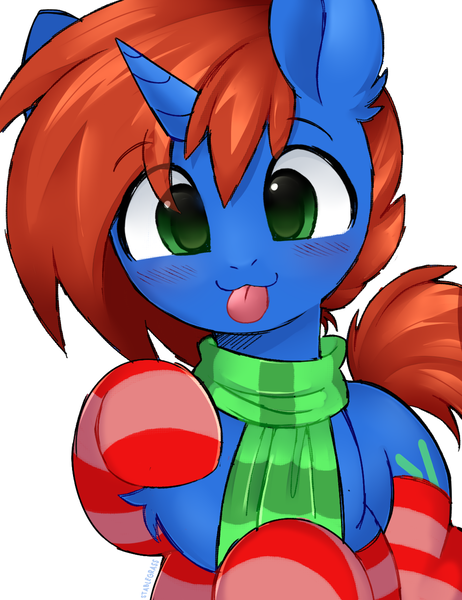 Size: 1000x1300 | Tagged: safe, artist:stablegrass, derpibooru import, oc, oc:cyberpon3, unofficial characters only, pony, unicorn, :p, blushing, chest fluff, clothes, eyebrows, eyebrows visible through hair, horn, image, male, png, scarf, simple background, socks, stallion, striped scarf, striped socks, tongue out, white background