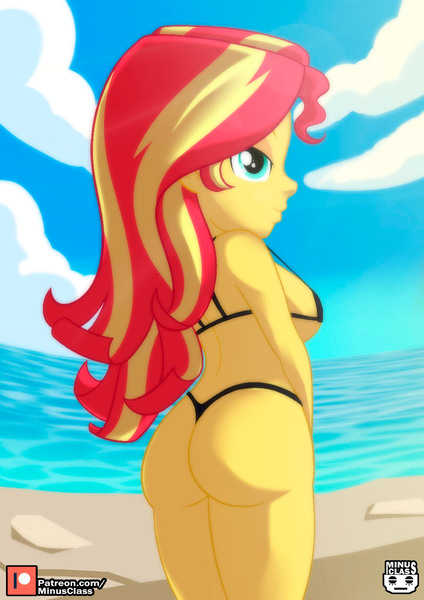 Size: 990x1400 | Tagged: suggestive, artist:minusclass, derpibooru import, sunset shimmer, human, equestria girls, g4, 2d, ass, beach, bedroom eyes, breasts, bunset shimmer, busty sunset shimmer, butt, clothes, cloud, crepuscular rays, female, food, image, jpeg, legs, legs together, looking at you, looking back, looking back at you, ocean, outdoors, patreon, patreon logo, sandwich, sideboob, sky, smiling, smiling at you, solo, stupid sexy sunset shimmer, sultry, swimsuit, thong swimsuit, water