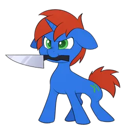 Size: 600x600 | Tagged: safe, artist:scarlet-spectrum, derpibooru import, oc, oc:cyberpon3, unofficial characters only, pony, unicorn, angry, commission, concave belly, floppy ears, horn, image, knife, male, mouth hold, nose wrinkle, png, simple background, solo, stallion, transparent background, ych result