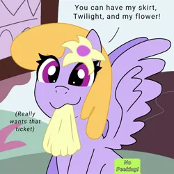 Size: 1280x1280 | Tagged: safe, artist:cosmicwaves35, derpibooru import, drizzle, pegasus, pony, g4, the ticket master, background pony, censored, cheeky, clothes, flower, image, jpeg, my little pony, skirt, solo, text, ticket