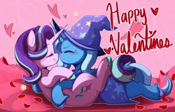 Size: 2048x1310 | Tagged: safe, artist:sakukitty, derpibooru import, starlight glimmer, trixie, pony, unicorn, g4, blushing, cape, clothes, duo, duo female, eyes closed, female, hat, heart, holiday, horn, horns are touching, image, imminent kissing, jpeg, lesbian, mare, nose wrinkle, shipping, startrix, trixie's cape, trixie's hat, unshorn fetlocks, valentine's day, valentine's day 2025