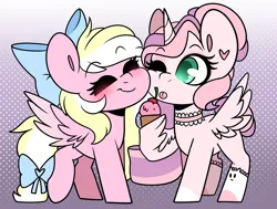 Size: 3854x2913 | Tagged: safe, artist:sakukitty, derpibooru import, oc, oc:bay breeze, oc:saku, unofficial characters only, alicorn, pegasus, pony, alicorn oc, blushing, bow, chibi, clothes, duo, duo female, eyes closed, female, food, hair bow, horn, ice cream, image, mare, one eye closed, pegasus oc, png, socks, spread wings, squishy cheeks, tongue out, wings