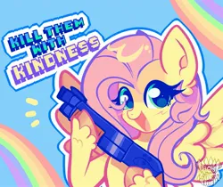 Size: 2191x1840 | Tagged: safe, artist:acid-fangs, derpibooru import, fluttershy, pegasus, pony, g4, female, gun, image, jpeg, mare, open mouth, open smile, rainbow, shotgun, smiling, solo, text, weapon