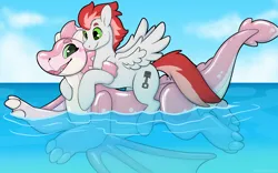 Size: 3840x2400 | Tagged: safe, artist:symrea, derpibooru import, oc, oc:swift apex, unofficial characters only, dragon, pegasus, pony, cerisey, floating, image, imaginary creature factory, inflatable, inflatable toy, ocean, png, pool toy, riding, swimming, water, water wings