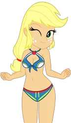 Size: 1084x1884 | Tagged: suggestive, artist:shieldwingarmorofgod, artist:yaya54320bases, derpibooru import, applejack, human, equestria girls, g4, applebetes, bare shoulders, bikini, breasts, busty applejack, clothes, cute, female, hatless, image, midriff, missing accessory, one eye closed, png, simple background, smiling, solo, stupid sexy applejack, swimsuit, transparent background, vector, wink