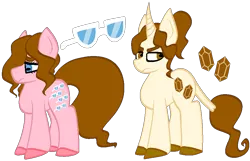 Size: 932x600 | Tagged: safe, artist:kharmacal, derpibooru import, shady, oc, unnamed oc, earth pony, unicorn, g1, :c, >:c, blue eyes, brown eyes, brown hooves, brown mane, brown tail, duo, duo female, female, frown, horizontal pupils, horn, image, pink coat, pink hooves, png, ponytail, tail