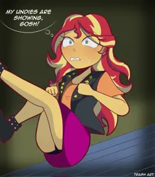 Size: 1791x2048 | Tagged: suggestive, artist:eltrash_art6, artist:sexytrash06, derpibooru import, sunset shimmer, equestria girls, g4, accident, accidental exposure, ass, black underwear, blushing, boots, butt, clothes, commission, female, gritted teeth, high heel boots, image, jacket, jpeg, leather, leather jacket, panties, shirt, shoes, skirt, solo, solo female, sweat, sweatdrop, t-shirt, teeth, thought bubble, tripping, underwear, upside down