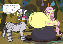 Size: 2085x1476 | Tagged: semi-grimdark, artist:jessicarothmon87, derpibooru import, part of a set, fluttershy, zecora, pegasus, pony, zebra, g4, belly, belly button, big belly, blushing, bondage, bound and gagged, cauldron, chest fluff, dialogue, drool, ear piercing, earring, fat, fattershy, gag, huge belly, image, imminent vore, jewelry, my little pony, neck rings, panicking, piercing, png, smiling, sweat, tongue out, zecora's hut