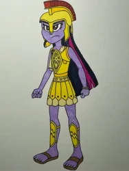 Size: 3024x4032 | Tagged: safe, artist:dylanwayneburk, derpibooru import, sci-twi, twilight sparkle, human, equestria girls, g4, season 5, armor, armor skirt, athena, athena sparkle, clothes, costume, fantasy class, female, halloween, halloween costume, helmet, holiday, image, jpeg, missing accessory, my little pony, nightmare night costume, no glasses, simple background, skirt, solo, traditional art, warrior