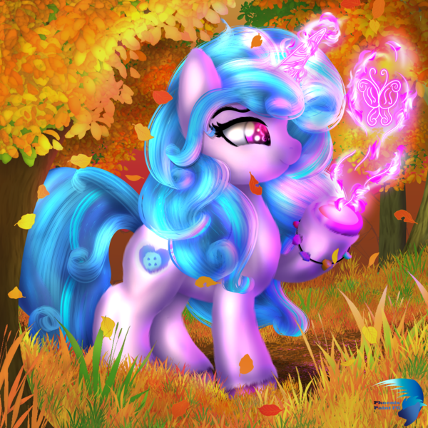 Size: 3000x3000 | Tagged: safe, artist:0ceanphoenix, artist:phoenixpaintfg, derpibooru import, izzy moonbow, butterfly, insect, pony, unicorn, g5, autumn, autumn leaves, female, forest, glow, glowing horn, horn, image, leaf, leaves, magic, mare, nature, outdoors, png, solo, tree