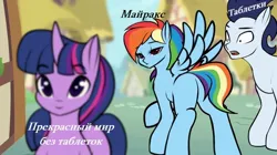 Size: 800x448 | Tagged: safe, artist:elzzombie, derpibooru import, edit, rainbow dash, soarin', twilight sparkle, ponified, pegasus, pony, unicorn, g4, bedroom eyes, butt, c:, cute, cyrillic, distracted boyfriend meme, eyes on the prize, eyes open, featureless crotch, female, folded wings, frown, horn, image, implied lesbian, implied shipping, implied twidash, jpeg, lesbian, lesbian in front of boys, lidded eyes, looking at butt, looking at someone, looking back, male, mare, meme, open mouth, plot, ponyville, rainbutt dash, raised hoof, smiling, spread wings, stallion, text, translated in the description, walking, wide eyes, wingboner, wings