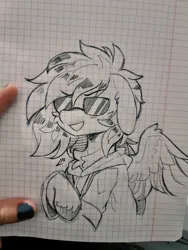 Size: 768x1024 | Tagged: safe, artist:lunylin, derpibooru import, pegasus, pony, clothes, eyebrows, eyebrows visible through hair, graph paper, hoodie, image, jpeg, monochrome, shading, solo, spread wings, sunglasses, traditional art, wings