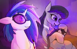 Size: 3613x2284 | Tagged: safe, artist:candel, derpibooru import, octavia melody, vinyl scratch, cat, earth pony, pony, unicorn, fanfic:the things tavi says, g4, bowtie, curtains, fanfic art, female, horn, image, mare, petting, png, sitting, smiling, synesthesia, talking, vinyl's glasses, window