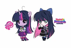 Size: 1197x801 | Tagged: safe, artist:memoji_0708, derpibooru import, twilight sparkle, human, equestria girls, g4, anarchy stocking, book, boots, bow, chibi, clothes, crossover, cup, cute, dress, duo, duo female, female, hair bow, image, jpeg, leg warmers, logo, messy hair, panty and stocking with garterbelt, plushie, ponied up, shirt, shoes, simple background, skirt, socks, striped socks, teacup, twiabetes, white background