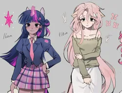 Size: 1836x1395 | Tagged: safe, artist:memoji_0708, derpibooru import, fluttershy, twilight sparkle, human, g4, alternate hairstyle, blackwashing, blazer, blushing, book, clothes, dark skin, duo, duo female, eared humanization, female, glow, glowing horn, gray background, horn, horned humanization, humanized, image, jpeg, magic, messy hair, necktie, shirt, simple background, skirt, tail, tailed humanization