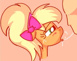 Size: 646x516 | Tagged: suggestive, artist:algoatall, ponerpics import, applejack, human, pony, alternate hairstyle, blushing, bow, drool, drool string, faceless male, floppy ears, freckles, human male, image, kissing, male, offscreen character, panting, pink background, png, simple background