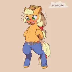 Size: 1500x1500 | Tagged: suggestive, artist:cold-blooded-twilight, derpibooru import, applejack, earth pony, pony, g4, belly, belly button, bipedal, chest fluff, chubby, clothes, denim, emanata, embarrassed, freckles, image, jeans, open mouth, pants, plewds, png, shivering, tight clothing