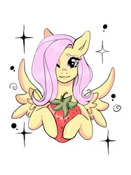 Size: 1662x2217 | Tagged: safe, artist:heiure, derpibooru import, fluttershy, pegasus, pony, g4, bust, female, food, holding, image, looking at you, mare, one eye closed, png, simple background, smiling, solo, spread wings, strawberry, white background, wings, wink