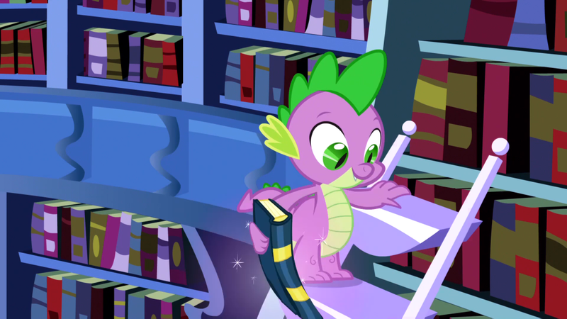 Size: 1920x1080 | Tagged: safe, derpibooru import, screencap, spike, dragon, friendship is magic, g4, book, bookshelf, image, ladder, male, my little pony, png, solo, twilight's canterlot home