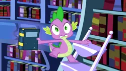 Size: 1920x1080 | Tagged: safe, derpibooru import, screencap, spike, dragon, friendship is magic, g4, book, bookshelf, image, ladder, male, my little pony, png, solo, twilight's canterlot home