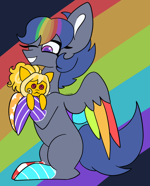 Size: 1614x2008 | Tagged: safe, artist:icydarkflame, derpibooru import, oc, oc:plush hues, oc:swirlie scribble, unofficial characters only, pegasus, pony, button, buttons, female, grin, image, lesbian, mare, markings, multicolored hair, oc x oc, one eye closed, png, rainbow hair, shipping, sittinh, smiling, solo, wink