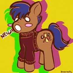 Size: 1024x1024 | Tagged: safe, artist:nooroodle, derpibooru import, oc, oc:dicey digs, earth pony, blue mane, brown coat, clothes, image, jpeg, neigh, simple background, sweater, turtleneck, yellow background