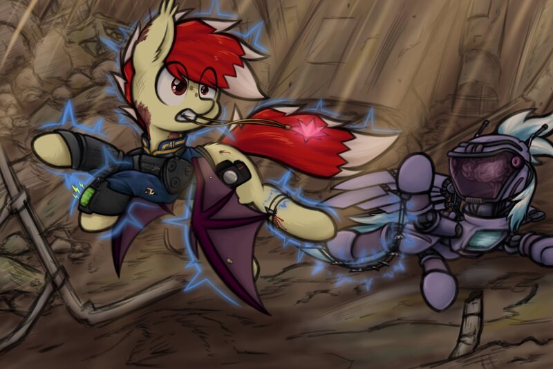 Size: 2250x1500 | Tagged: safe, artist:aaathebap, derpibooru import, cloudchaser, bat pony, cyborg, pony, robot, robot pony, fallout equestria, g4, brain, duo, electricity, electrocution, flying, image, jpeg, organs, pipbuck