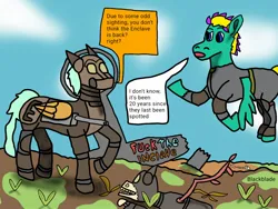 Size: 2000x1500 | Tagged: safe, artist:blackblade360, derpibooru import, oc, oc:rina flightline, oc:wing crasher, unofficial characters only, pegasus, pony, fallout equestria, 2025, armor, armored pony, blue eyes, bone, broken wing, clothes, cloud, corpse, cyan mane, cyan tail, digital art, enclave, enclave armor, feather, female, flying, graffiti, grass, green coat, green wings, ibispaint x, image, jpeg, male, mare, mare oc, pony oc, post apocalypse, raised hoof, raised leg, red feathers, red wings, ruins, signature, skeleton, skull, sky, speech bubble, spread wings, stallion, stallion oc, story included, tail, talking, transgender, transgender oc, two toned mane, two toned tail, vertibuck, wasteland, wings, yellow coat, yellow mane, yellow tail