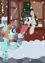 Size: 1440x2016 | Tagged: safe, artist:mariculture, ponerpics import, octavia melody, sooty sweeps, earth pony, pony, christmas, christmas tree, cup, dirty, duo, female, food, holiday, image, kettle, mare, mouth hold, png, snow, snowfall, tea, teacup, tree