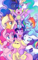 Size: 1325x2047 | Tagged: safe, artist:mscolorsplash, derpibooru import, applejack, fluttershy, pinkie pie, princess celestia, princess luna, rainbow dash, rarity, spike, twilight sparkle, twilight sparkle (alicorn), alicorn, dragon, earth pony, pegasus, pony, unicorn, g4, belly, blushing, crying, cute, cutelestia, dashabetes, diapinkes, eye clipping through hair, eyebrows, eyebrows visible through hair, eyes closed, female, floppy ears, group hug, horn, hug, image, jackabetes, lunabetes, male, mane seven, mane six, mare, one eye closed, open mouth, open smile, png, raribetes, round belly, royal sisters, shyabetes, siblings, sisters, smiling, spikabetes, spread wings, sweet dreams fuel, tears of joy, twiabetes, wholesome, winged spike, wings