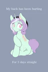 Size: 1365x2048 | Tagged: safe, artist:mscolorsplash, derpibooru import, oc, oc:mod chi, unofficial characters only, pony, unicorn, back pain, eyebrows, eyebrows visible through hair, female, gray background, horn, image, looking back, mare, no pupils, pain, png, ponysona, simple background, sitting, solo, text