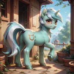 Size: 5320x5320 | Tagged: safe, ai content, generator:bluefox mix, machine learning generated, prompter:derp621, lyra heartstrings, bird, unicorn, g4, featureless crotch, female, flower, horn, image, jpeg, looking at you, looking back, looking back at you, potted plant, prompt in description, raised hoof, solo, stone path, underhoof, wooden fence