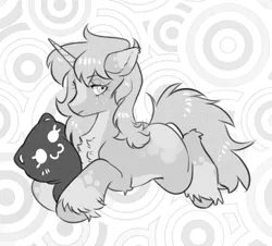 Size: 2700x2442 | Tagged: safe, artist:opalacorn, derpibooru import, oc, unofficial characters only, pony, unicorn, abstract background, black and white, chest fluff, countershading, female, grayscale, horn, image, jpeg, lying down, mare, monochrome, plushie, prone, solo, unshorn fetlocks