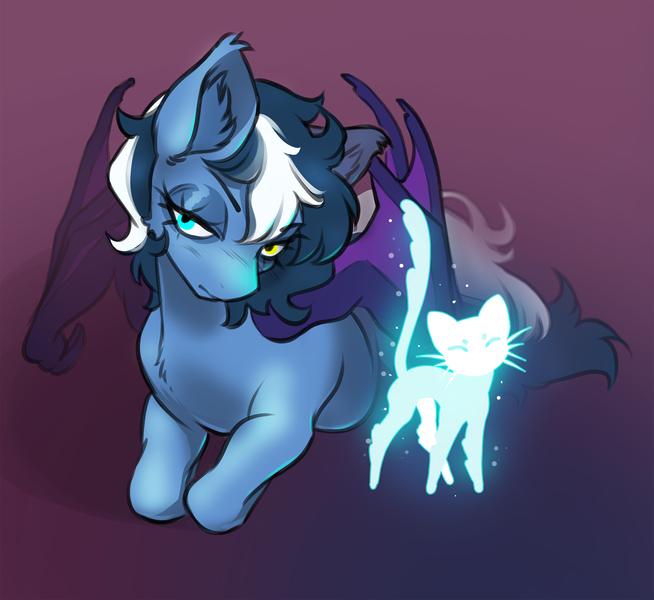 Size: 2700x2478 | Tagged: safe, artist:opalacorn, derpibooru import, oc, oc:whispy willow, unofficial characters only, bat pony, cat, ghost, pony, undead, bat pony oc, bat wings, ear fluff, female, gradient background, heterochromia, image, jpeg, lidded eyes, lying down, mare, prone, solo, wings