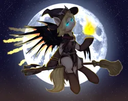 Size: 3800x3000 | Tagged: artist needed, safe, artist:avrameow, derpibooru import, oc, ponified, unofficial characters only, pony, broom, clothes, cosplay, costume, flying, flying broomstick, full moon, hat, image, magic, mercy, moon, overwatch, png, solo, witch, witch hat