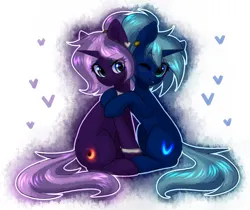 Size: 2600x2180 | Tagged: safe, artist:avrameow, derpibooru import, oc, oc:novus flux, oc:tenebris flux, unofficial characters only, pony, unicorn, annoyed, blushing, cute, duo, duo female, ear piercing, earring, female, freckles, horn, hug, image, jewelry, leg rings, one eye closed, piercing, png, ponytail, siblings, simple background, sisters, sitting, wink