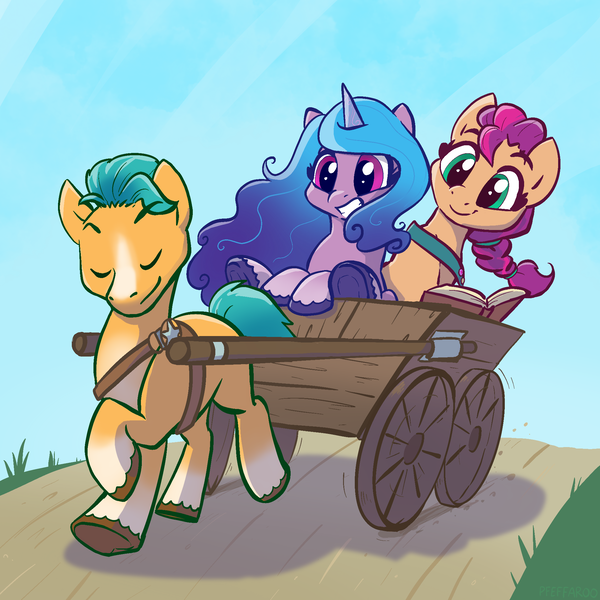 Size: 2048x2048 | Tagged: safe, artist:pfeffaroo, derpibooru import, hitch trailblazer, izzy moonbow, sunny starscout, earth pony, pony, unicorn, g5, badge, bag, book, cart, eyes closed, female, grass, high res, horn, image, male, mare, path, png, satchel, smiling, stallion, trio, underhoof, unshorn fetlocks