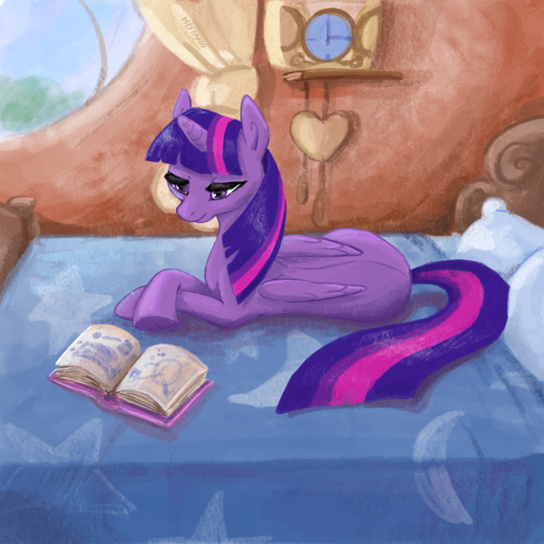 Size: 2048x2048 | Tagged: safe, artist:pfeffaroo, derpibooru import, twilight sparkle, twilight sparkle (alicorn), alicorn, pony, g4, bed, bedroom, book, clock, female, folded wings, golden oaks library, heart, high res, image, laying on bed, library, lying down, mare, on bed, pillow, png, prone, reading, smiling, solo, window, wings