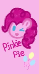 Size: 1080x2059 | Tagged: safe, artist:cui5255365, derpibooru import, pinkie pie, earth pony, pony, g4, character name, cute, cutie mark, diapinkes, head only, image, looking at you, name, one eye closed, pink background, png, simple background, solo, wink, winking at you