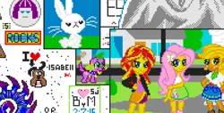 Size: 1920x974 | Tagged: safe, derpibooru import, angel bunny, applejack, fluttershy, spike, sunset shimmer, dog, human, equestria girls, g4, digital art, heart, image, pixel art, png, spike the dog