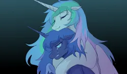 Size: 1293x758 | Tagged: safe, artist:moonightoka, derpibooru import, princess celestia, princess luna, alicorn, g4, crying, duo, duo female, female, gradient background, hug, image, jpeg, royal sisters, siblings, sisters