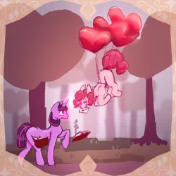 Size: 2048x2048 | Tagged: safe, artist:sidecharacterenergy, derpibooru import, pinkie pie, twilight sparkle, earth pony, pony, unicorn, g4, balloon, blushing, book, duo, duo female, female, floating, heart, heart balloon, image, lesbian, letter, levitation, magic, mare, outdoors, png, shipping, telekinesis, then watch her balloons lift her up to the sky, tree, twinkie, unicorn twilight