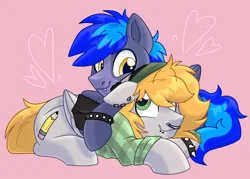 Size: 4200x3000 | Tagged: safe, artist:slushpony, derpibooru import, hybrid, pegasus, pony, bracelet, clothes, cuddling, duo, duo male, image, lip piercing, male, nose piercing, nose ring, pegabat, piercing, png, spiked wristband, stallion, wristband