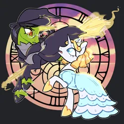 Size: 2048x2048 | Tagged: safe, artist:thiscatdraws, derpibooru import, ponified, pony, unicorn, broom, clothes, dress, elphaba, glinda the good witch, hat, horn, image, looking at each other, looking at someone, png, the wizard of oz, wicked, witch hat