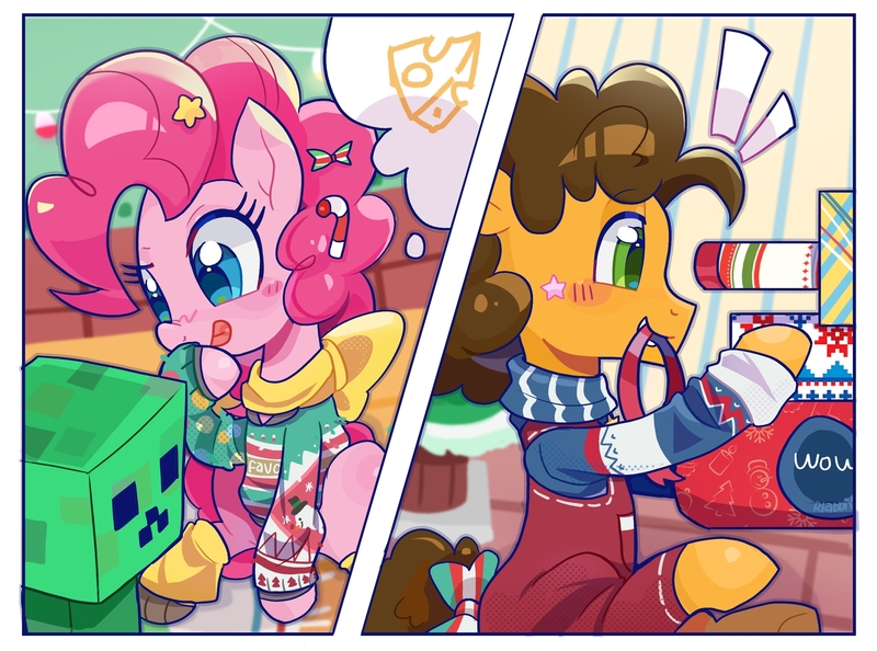 Size: 2753x2045 | Tagged: safe, artist:rlabbiy, derpibooru import, cheese sandwich, pinkie pie, earth pony, pony, g4, 2 panel comic, bag, blurry background, blushing, bow, cheese, christmas, clothes, comic, creeper (minecraft), emanata, female, food, holiday, image, jpeg, male, mare, mouth hold, scarf, stallion, sweater, tail, tail bow, thought bubble