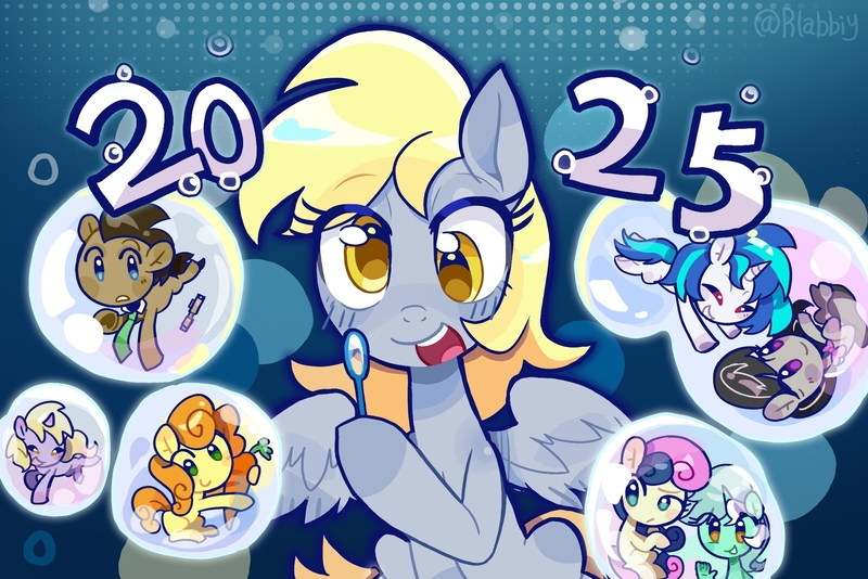 Size: 2253x1503 | Tagged: safe, artist:rlabbiy, derpibooru import, bon bon, carrot top, dinky hooves, doctor whooves, golden harvest, lyra heartstrings, octavia melody, sweetie drops, time turner, earth pony, pegasus, pony, unicorn, g4, 2025, :d, background seven, background six, bubble, bubble wand, carrot, chibi, eyes closed, female, filly, foal, food, gradient background, hand, horn, image, jpeg, male, mare, open mouth, open smile, signature, smiling, spread wings, stallion, wings