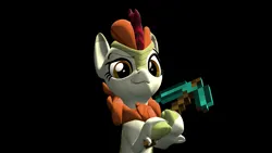 Size: 3840x2160 | Tagged: safe, artist:blitzythepony, derpibooru import, autumn blaze, kirin, g4, 3d, :3, black background, diamond pickaxe, gmod, hoof hold, image, minecraft, pickaxe, png, simple background, solo