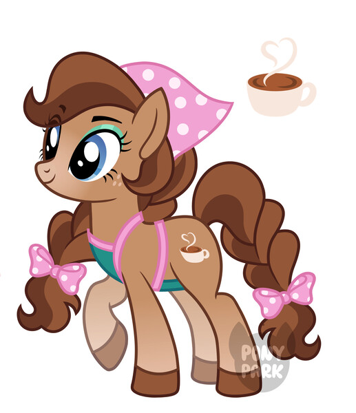 Size: 1724x2000 | Tagged: safe, artist:ponypark, derpibooru import, ponified, earth pony, pony, g4, alternate hair color, apron, bandana, bow, chocolate, clothes, cocoa (wild manes), colored hooves, cup, cutie mark, eye clipping through hair, eyeshadow, female, food, freckles, gradient legs, gradient muzzle, hair bow, hooves, hot chocolate, image, jpeg, makeup, mare, polka dots, raised hoof, reference, simple background, smiling, smoke, solo, tail, tail bow, white background, wild manes